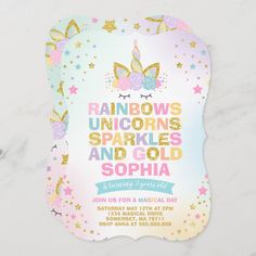 the unicorn birthday party is set on top of a marble slab with gold stars and rainbows