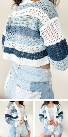 an image of a woman wearing shorts and a crocheted sweater with holes in the back