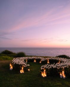 a bunch of candles that are in the grass