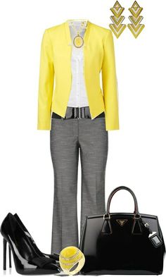 Tumblr Worship Women, Fashionable Work Outfit, Yellow Jacket, Stylish Work Outfits, Work Outfits Women, Grey Pants, Professional Outfits, Komplette Outfits