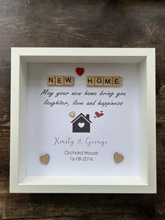 a personalized new home frame with two hearts