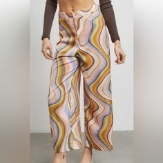 Wide Leg Scarf Pant From Urban Outfitters Topped With An Oh-So-Retro Print. Sits High At The Waist With A Relaxed Fit Down To The Full-Length Hem. Topped With A Button Closure And Zipper Fly. 97% Polyester, 3% Spandex Machine Wash Imported Retro Wide Leg Pants For Day Out, Retro Pants For Spring Day Out, Retro Spring Pants For A Day Out, Urban Outfitters High-waisted Pink Bottoms, Urban Outfitters High Waist Pink Bottoms, Purple Wide Leg Bottoms For Spring, Purple Straight Pants For Spring, Spring Purple Straight Pants, Urban Outfitters High Waist Bottoms For Day Out