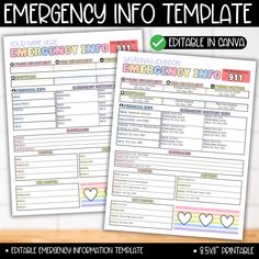 two emergency info sheets with hearts on them