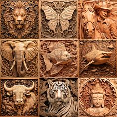 carved wooden carvings depicting animals, people and other things in the form of wood panels