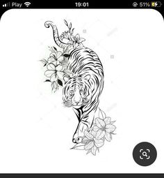 a tiger with flowers on it's back, in the style of tattoo art