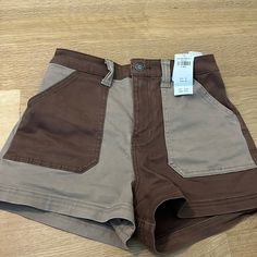 New With Tags Brown Color Block Shorts. Trendy Brown Shorts, Brown Mid-rise Bottoms For Summer, Casual High Waist Brown Shorts, Trendy Brown Summer Bottoms, Trendy Brown Cotton Shorts, Casual Brown High-waisted Shorts, Casual Brown Short Pants, Trendy Brown Short Bottoms, Trendy Short Brown Bottoms