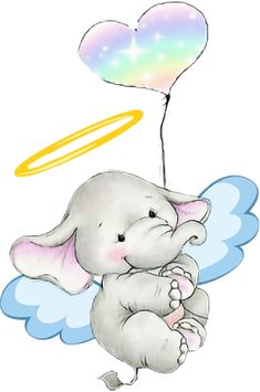 an elephant is flying with a heart shaped balloon in its trunk and holding it's tail