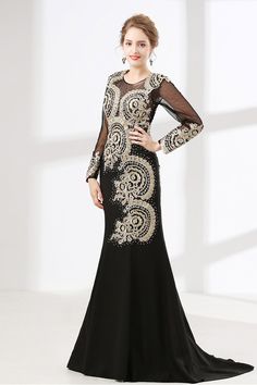 Evening Dresses Petite Black Long Sleeved Formal Dress With Applique Lace Bodice #CH6621 at #GemGrace. View more special Special Occasion Dresses,Evening Dresses now? GemGrace is a solution for those who want to buy delicate gowns with affordable prices. Free shipping, 2018 new arrivals, shop now to get $10 off! Black Embellished Long Sleeve Gown, Black Long Sleeve Embellished Gown, Black Dress For Festive Banquet, Black Dress For Banquet And Festive Occasions, Festive Black Dress For Banquet, Festive Black Banquet Dress, Black Embellished Maxi Dress For Banquet, Black Wedding Dress Elegant, Petite Evening Dresses