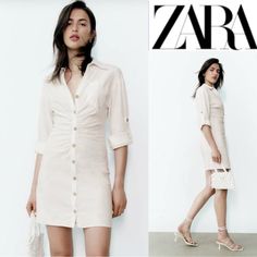 Zara Shirt Dress With Ruching Oyster White. Dress Made Of Linen Fabric. V-Neck Lapel Collar And Long Sleeves With Buttoned Tabs. Front Patch Pocket Front Ruching. Front Button Closure. Nwt Pristine Condition Also Available In My Closet In Red Size: Large Size: Large (Fabric Has Some Stretch To It) Color: Oyster White Measurements Taken Lying Flat Approximate: Pit To Pit: 18” Waist: 15” Length: 32” Linen 53% Viscose 43% Elastane 3% Pam& Gel Shirt Dress Norma Kamali Jaquemus L'academie Feminine V-neck Shirt Dress For Summer, Beige Button-up Mini Dress For Spring, Summer Feminine Collared Mini Dress, Spring Beige Button-up Mini Dress, Zara V-neck Shirt Dress For Daywear, Zara Long Sleeve Shirt Dress For Summer, Feminine Summer Button-up Shirt Dress, Summer V-neck Shirt Dress For Spring, Chic V-neck Summer Shirt Dress