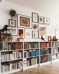 there are many bookshelves with pictures on the wall behind them in this room