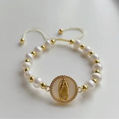 Handmade Freshwater Pearls Religious Jewelry Approximately 7inches Catholic Jewelry Bracelets, Mexican Bracelets, Virgin Mary Bracelet, Catholic Bracelet, Sacred Jewelry, Pandora Bangle, String Jewelry, Catholic Jewelry, Silver Plated Bracelet