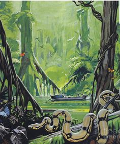 an image of a painting of a jungle scene with snake and boat in the water