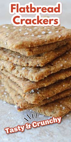 a stack of flatbread crackers sitting on top of a white tablecloth with the words tasty and crunchy above it