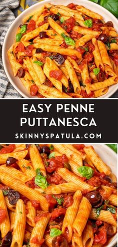 two pictures with different types of pasta in them and the words easy penne puttanes