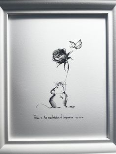 a black and white drawing of a mouse with a rose in it's mouth