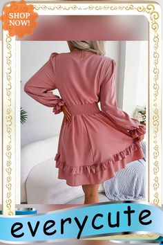 Pink Lace-up Pleated Waist Ruffle Hem Casual Dress Pink Long Sleeve Dress With Ruffled Skirt, Pink Ruffled Mini Dress For Fall, Pink Ruffled Fall Dress, Long Sleeve Ruffled Dress For Brunch, Long Sleeve Ruffled Brunch Dress, Flowy Long Sleeve Ruffle Dress With Ruffle Hem, Fitted Long Sleeve Pink Ruffle Dress, Pink Ruffle Hem Mini Dress For Fall, Pink Mini Dress With Ruffle Hem For Fall