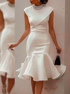 Plain Spring/Fall Elegant Regular Fit Long Sleeve Raglan Sleeves Bodycon Regular No Party Dresses for Women Formal White Dress With Sleeves, Ivory Wedding Guest Dress, Vintage Church Dress, Graduation Photo Dress, Step Mom Wedding Attire, Elegant Christmas Party Dress, Dress With Mesh Top Under, Dress For 50 Year Old Women, White Dresses For Church