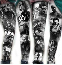 the avengers tattoo is shown in black and white, with many different characters on it