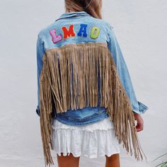 Life’s is so LMAO, and you need something to match your wild lifestyle! These fringe jackets are so in for the summer, get a jump on it with this iconic piece for your closet. Hand-made and designed to perfection. Each jacket is one of a kind! - Light-weight Over-Shirt - Relaxed Fit - Embroidered Patches - Made in the U.S.A. Trendy Summer Outerwear With Fringe, Trendy Summer Fringe Outerwear, Casual Fringe Denim Jacket For Spring, Spring Festival Outerwear With Frayed Hem, Trendy Fringe Denim Jacket For Spring, Trendy Fringed Denim Jacket For Spring, Summer Long Sleeve Outerwear With Fringe, Trendy Fringed Cotton Denim Jacket, Trendy Cotton Denim Jacket With Fringe