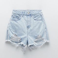 Zara High Rise Frayed Denim Shorts. Size Us 8. Brand New! Chic Distressed Denim Jean Shorts, Summer Light Blue Denim Jeans, Light Blue Ripped Denim Bottoms, Ripped Light Blue Denim Bottoms, Chic High Rise Light Wash Jean Shorts, Chic Light Wash Straight Leg Jean Shorts, Mid-rise Light Blue Jeans For Summer, Light Blue Mid-rise Jeans For Summer, Blue Ripped Straight Leg Shorts