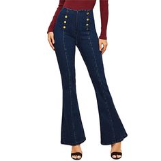 The unique style and detail on these denim pants is sure to make them a new favorite in your wardrobe. Featuring front stitching with button detail and flare legs. These pants pair perfectly with our bodysuits, tops and sweater; add wedges or booties and you are ready to rock your look. Made with a polyester, spandex and cotton blend for comfort and style. Trendy Flare Jeans For Fall, Trendy Winter Flare Jeans, Winter High Rise Flare Jeans, Trendy Full-length Flare Jeans For Winter, Winter Wide Leg Retro Jeans, Fitted Dark Wash Jeans For Winter, Trendy Fitted Jeans With Buttons, Retro Wide Leg Winter Jeans, Trendy High-waisted Flare Jeans For Fall