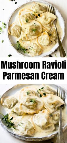 mushroom ravioli with parmesan cream sauce in a white bowl