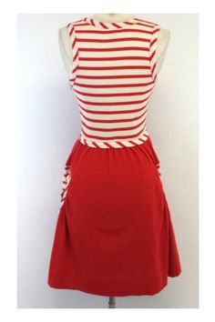 Size XS Red & Cream Striped Dress 100% cotton Sleeveless Rounded neckline Striped top & hip pockets Shoulder to hem 35.75" Red Fitted Dress With Pockets, Fitted Red Dress With Pockets, Red Dress With Pockets For Day Out, Fitted Red Dresses With Pockets, Red Stretch Cotton Dress, Stretch Cotton Dresses With Pockets, Red Sleeveless Dress With Pockets, Retro Red Stretch Dress, Red Cotton Dress For Day Out