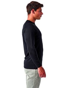 4 oz., 100% recycled polyester Melange: 83% recycled polyester, 17% polyester Manufactured using verified recycled polyester yarns Wicking-fabric technology UPF 40+ protection GRS Certified Crew neck Mesh panel detailing to back Stretch fabric Super lightweight Smooth knit perfect for print Long Sleeve Moisture-wicking Recycled Polyester Tops, Moisture-wicking Long Sleeve Recycled Polyester Tops, Breathable Long Sleeve Solid T-shirt, Functional Nylon Crew Neck Tops, Functional Crew Neck Nylon Tops, Black Long Sleeve T-shirt For Outdoor, Long Sleeve Solid T-shirt With Breathable Fabric, Moisture-wicking Long Sleeve Tops In Recycled Polyester, Breathable Long Sleeve Top With 4-way Stretch