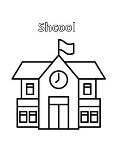 a black and white drawing of a school building with a clock on the top floor