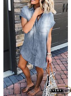 Button Short Sleeve Denim Shirt Mini Dress P10412 Casual Button-up Shirt Dress For Day Out, Collared Denim Top For Summer, Non-stretch Button-up Denim Dress, Medium Wash Mini Shirt Dress For Summer, Casual Summer Shirt Dress With Button Closure, Casual Collared Shirt Dress With Button Closure, Summer Mini Shirt Dress In Medium Wash, Casual Mini Length Shirt Dress, Summer Mini Length Shirt Dress In Medium Wash