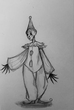 a black and white drawing of a clown with his arms around the back of his head