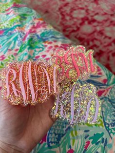 two pink and gold glitter monogrammed hair clips