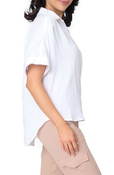 Just about as easygoing as it gets, this cuffed-sleeve popover shirt made from cotton gauze is a soft and breezy comfort in hot weather. 25 1/2" length Button half placket Spread collar Short sleeves Curved high-low hem 100% cotton Hand wash, dry flat Imported Relaxed Fit Cotton Gauze Tops For Spring, Spring Relaxed Fit Cotton Gauze Tops, Spring Cotton Gauze Tops With Relaxed Fit, Spring Cotton Gauze Short Sleeve Tops, Spring Short Sleeve Cotton Gauze Tops, Relaxed Fit Cotton Breezy Top, Relaxed Fit Breezy Cotton Top, Relaxed Fit Cotton Gauze Blouse, Breezy Relaxed Fit Cotton Tops