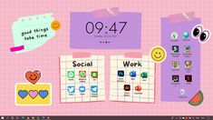 a desktop computer screen with sticky notes and stickers on it's wallpaper