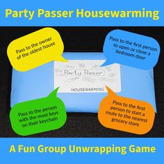 the party passer housewarming game is shown with speech bubbles