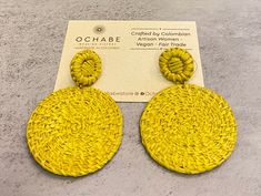 The Best Stylish Earrings Collection. Handwoven by Colombian Artisan Women with a natural fiber. - Ethically sourced - Eco Material - Gold Studs (18 Kl) - Perfect to combine with your outfits for Dinners, Brunch, Girls night out, day event, night event and more. Be the center of attractions in your group! Dimensions: Long: 2.0" Weight: 0.1 lb (light weight) Shipping: 2 business days in the USA, Free Shipping only in the United States and Colombia. Email us at ochabehandmade@gmail.com for other countries. Traditional Yellow Earrings For Summer, Natural Handwoven Earrings For Beach, Artisan Yellow Handwoven Earrings, Handwoven Earrings For Beach In Summer, Artisan Handwoven Yellow Earrings, Summer Handwoven Natural Earrings, Summer Handwoven Natural Color Earrings, Natural Woven Beach Earrings, Artisan Handwoven Earrings For Summer