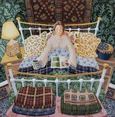 a painting of a woman laying on her bed reading a book in the middle of it