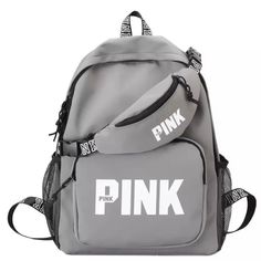 Gray W/“Pink” Fashion Nylon Backpack Bag And Waist Bag Set. Feature: 2 Mesh Side Pocket 1 Front Zippered Closure Inside Padded Pocket Adjustable Shoulder Strap Length: 17” W: 13” Waist Bag Has A Front And Back Zippered Pocket Material: Nylon Color: Gray No Brand Sporty Back To School Bags, Trendy Pink Nylon Backpack, Sporty Pink School Backpack, Sporty Pink Backpack For School, Casual Large Capacity Pink Backpack, Pink Large Capacity Sporty Backpack, Pink Sporty Standard Backpack, Sporty Pink Everyday Backpack, Sporty Everyday Pink Backpack