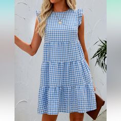 Loose Ruffled Sleeveless Dress In Gingham Blue With Pockets Size Small Nwt Bust: 38.6 In Waist: 25.6 In Hip: 38.6 In Length: 49.2 In Sleeveless Plaid Dress For Spring, Spring Sleeveless Plaid Dress For Day Out, Sleeveless Plaid Dress For The Beach, Casual Blue Plaid Mini Dress, Sleeveless Gingham Plaid Dress For Spring, Sleeveless Gingham Plaid Dress For Beach, Sleeveless Cotton Plaid Dress With Ruffles, Sleeveless Summer Plaid Dress For Beach, Summer Sleeveless Gingham Plaid Dress