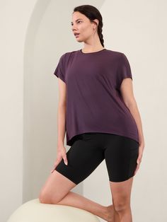 With Ease Tee | Athleta Sporty Relaxed Fit Tops For Pilates, Stretch Purple T-shirt For Sports, Casual Purple Tops For Pilates, Purple Athleisure Tops For Pilates, Moisture-wicking Purple Tops For Pilates, Bra Dress, Bring The Heat, Freedom Of Movement, New Set