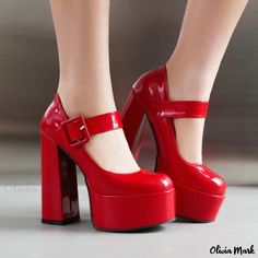 Olivia Mark - Vintage Mary Jane High Heels with Chunky Heel Chunky Red Heels, Chunky Platform Heels Outfit, Platform Heels Outfit, Chunky Mary Janes, Mary Jane High Heels, Rough Heels, Heels Chunky, Heels Outfits, Fashion And Makeup