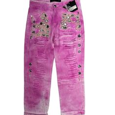 This Sparkle Denim Boyfriend Fit Jean Features Faux Pearls And Gems On The Front, Functional Pockets, And Heavy Unlined Destruction. This Item Is New With Tags. It Has Been Custom Tie-Dyed/Painted, As A One Of A Kind Item (Recommend Washing Separately) Color: Pink Fabric: 100% Cotton Tag Size: 3 Measurements (Approximate Taken With Item Laying Flat) Waist 27” | Inseam 24.5’/Cuffed 23” | Rise 9“ | Thigh 9” | Leg Opening 6.5“ Reasonable Offers Welcome! Follow For More Great Finds! (T04) Tie Dye Painting, Denim And Pearls, Boyfriend Fit Jeans, Custom Ties, Boyfriend Fit, Tie Dyed, Pink Fabric, Boyfriend Jeans, Follow For More