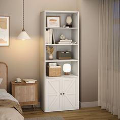 a bedroom with a bed and a white bookcase