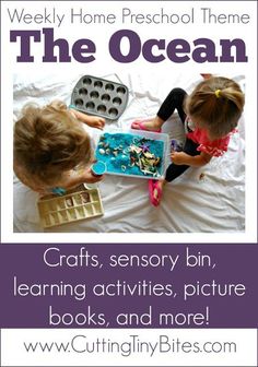 two children sitting on a bed playing with an ocean themed activity book and muffin tins