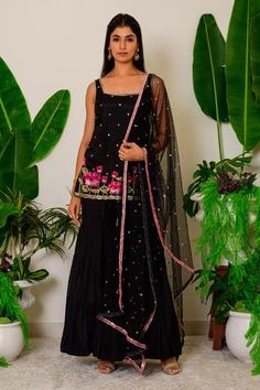 Shop for Label Kritika Kataria Black Silk Embroidered Kurta Sharara Set for Women Online at Aza Fashions Embellished Black Sharara For Eid, Designer Embellished Black Palazzo Set, Traditional Embellished Black Palazzo Set, Embellished Black Bollywood Palazzo Set, Embellished Black Palazzo Set For Reception, Black Embellished Palazzo Set For Reception, Black Embellished Palazzo Set For Diwali, Black Embellished Sharara For Diwali, Black Embellished Palazzo Set For Eid