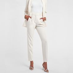 Express High Waisted Pleated Ankle Pant Color Swan (White) Size 10 Short New With Tags Sleek Tailored Ankle Length Pleated Pant Partial Nude Lining Approx Measurements Waist 29.5” Inseam 24” Rise 13” Chic Tapered Leg Pantsuit For Work, Fitted Tapered Leg Pantsuit For Workwear, Chic Fitted Pantsuit With Tapered Leg, Chic Tailored Pantsuit With Tapered Leg, Chic Fitted Ankle-length Pantsuit, Elegant Fitted Pantsuit With Belt Loops, Elegant White Dress Pants For Business Casual, Elegant White Dress Pants For Work, White Bottoms With Welt Pockets For Office