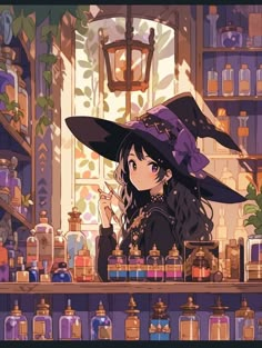 a woman wearing a witches hat standing in front of a shelf filled with bottles