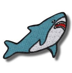 a blue and white shark with its mouth open, on a white background embroidered patch