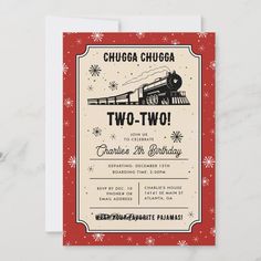 a red and white card with a train on it's side, says chugga chuga two - two