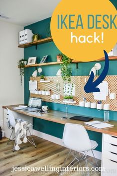 a desk with shelves and chairs in front of it that says ikea desk hack